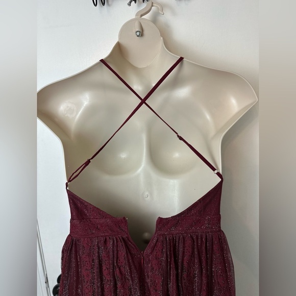 Burgundy Maxi Dress V-neck spaghetti straps pleated design with lace M #1525 - Picture 3 of 12